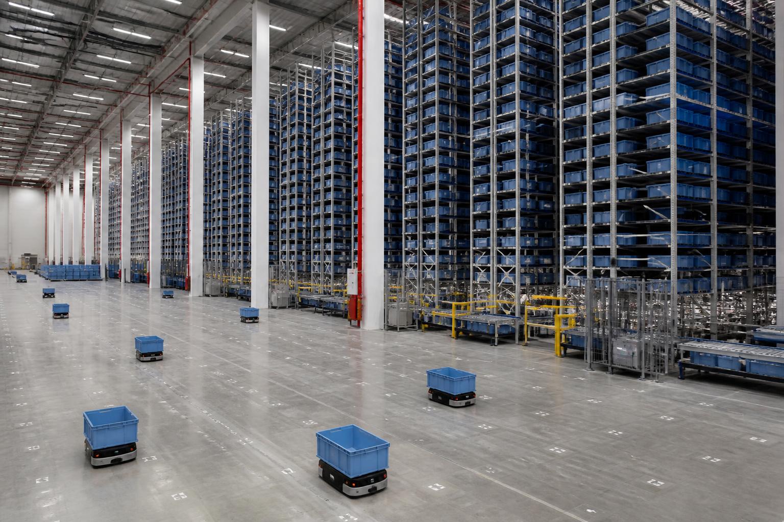 Automated warehouse with high-density shuttle storage and mobile robots