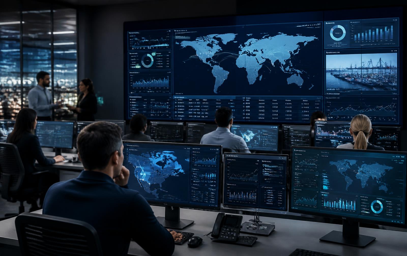 Operations team reviewing shipment status on a control room display wall