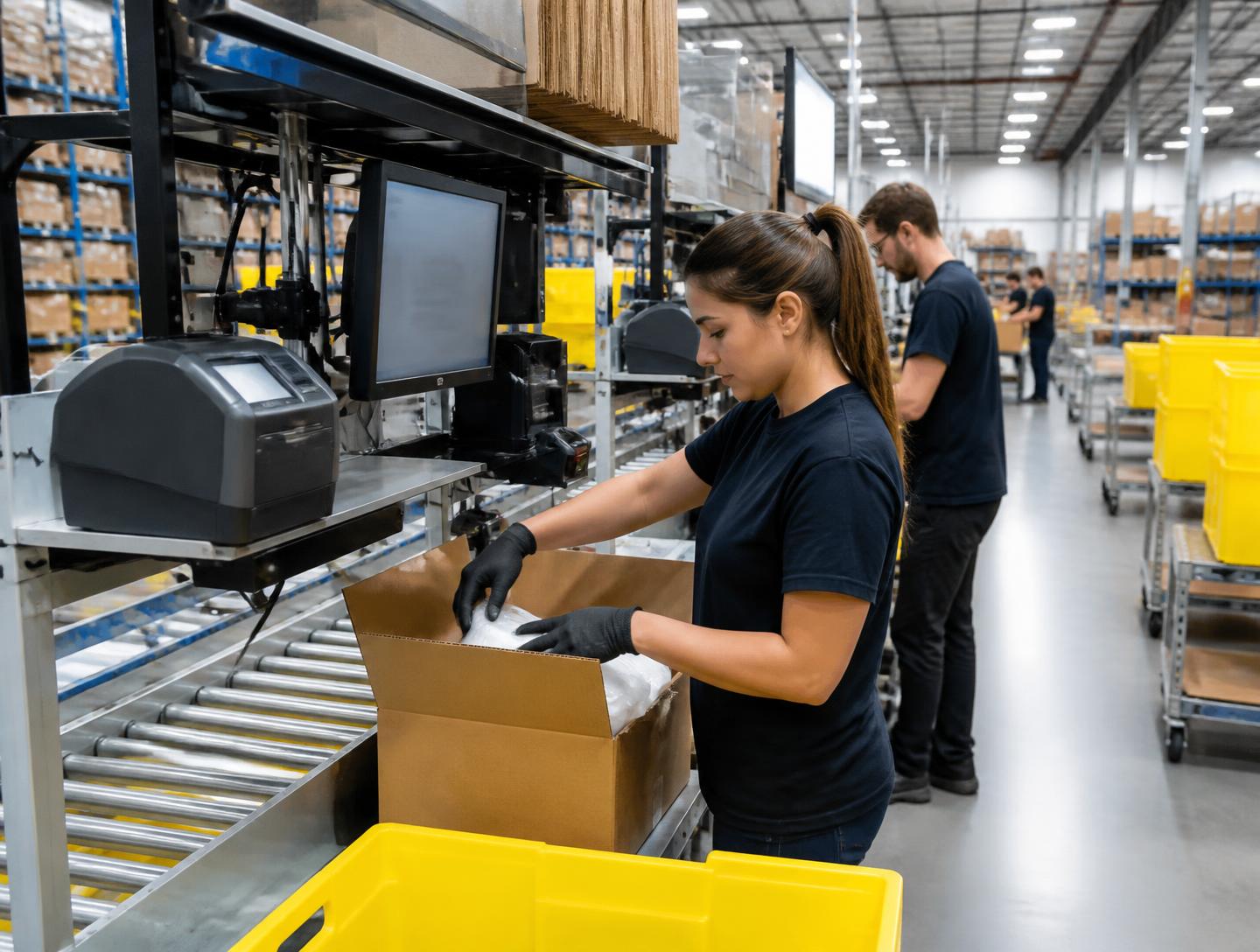 Fulfillment operators packing cartons at a goods-to-person station
