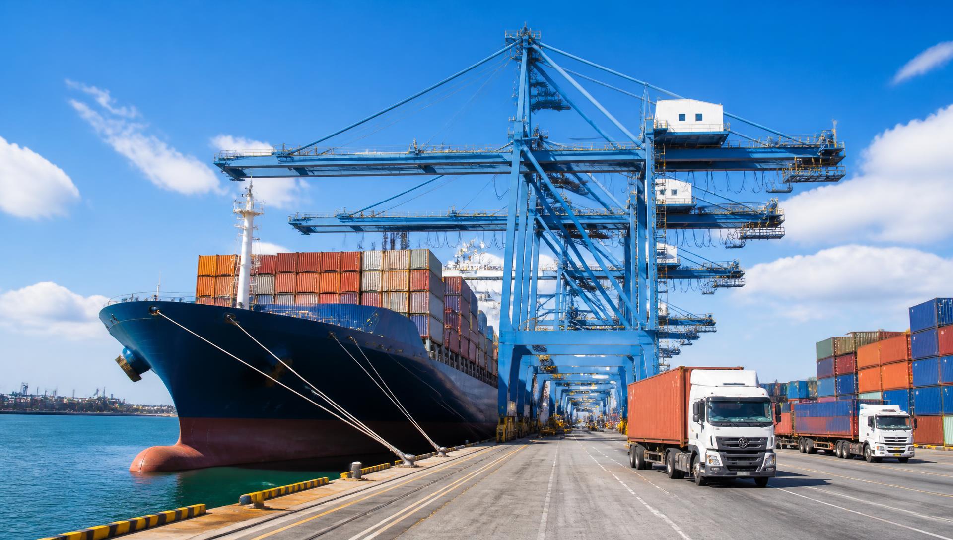 Container ship, port cranes, and trucks moving freight in bright daylight
